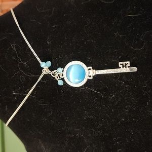 5/$12 Jewlery New Blue Moonstone w/ White Rhinestone Key Pendant Necklace